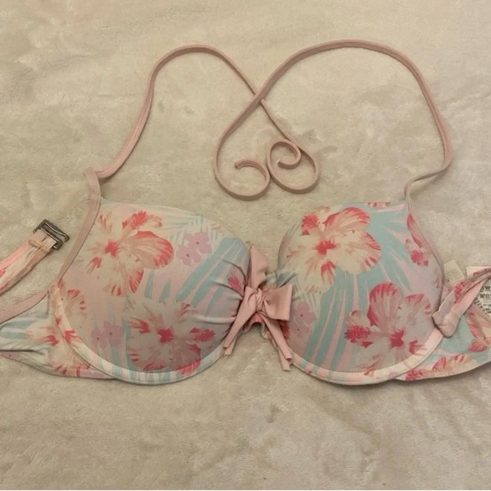Hollister Light Blue & Pink Floral Halter Bikini Top with Center Bow